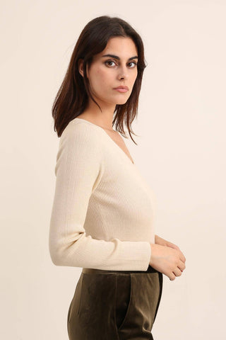 Ribbed V-neck sweater in wool and lurex