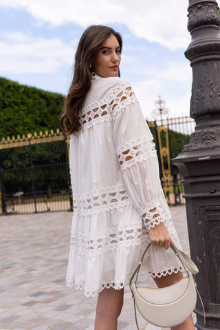 White cotton shirt dress with openwork lace bands