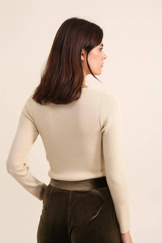 Ribbed V-neck sweater in wool and lurex
