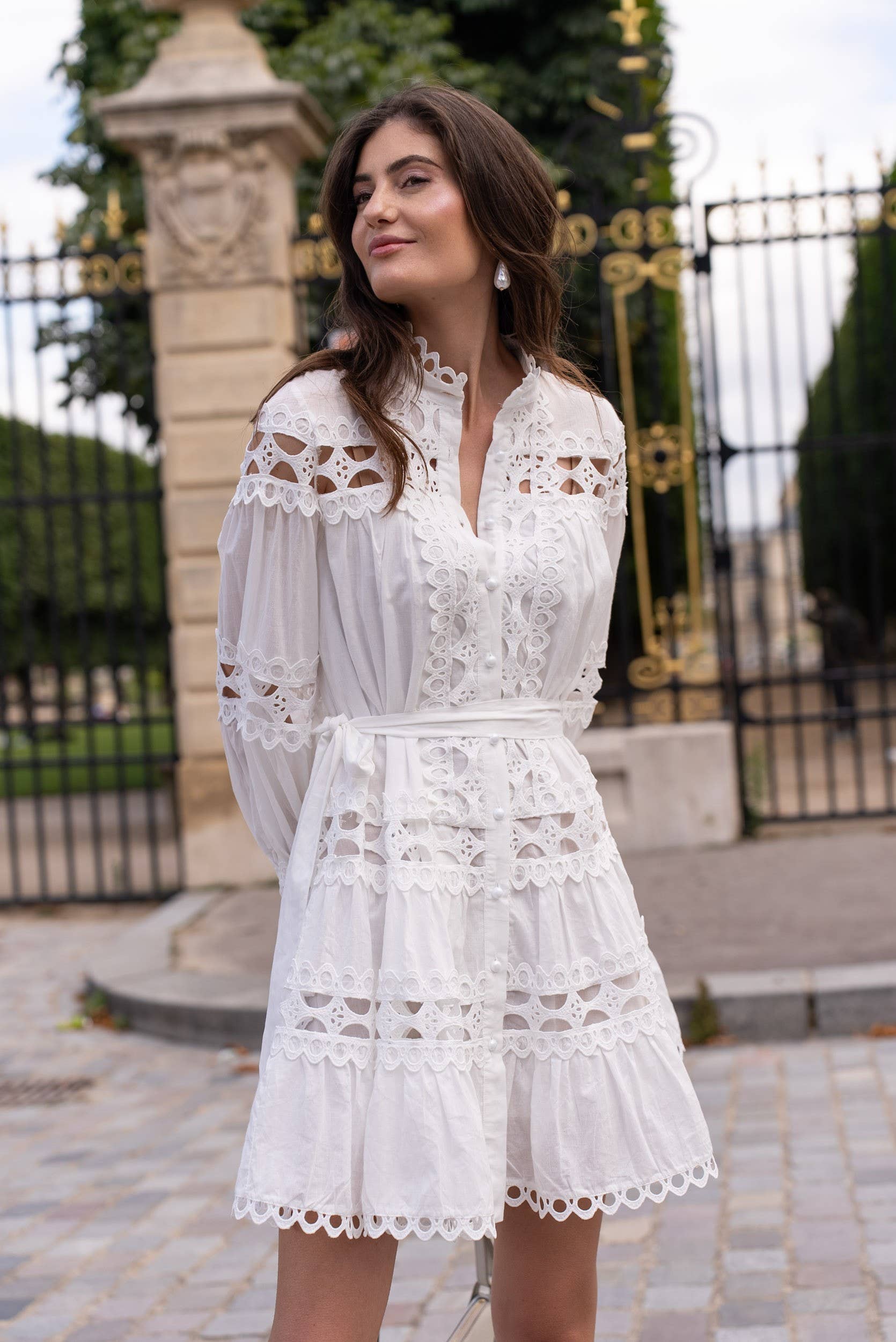 White cotton shirt dress with openwork lace bands White cotton shirt dress with openwork lace bands