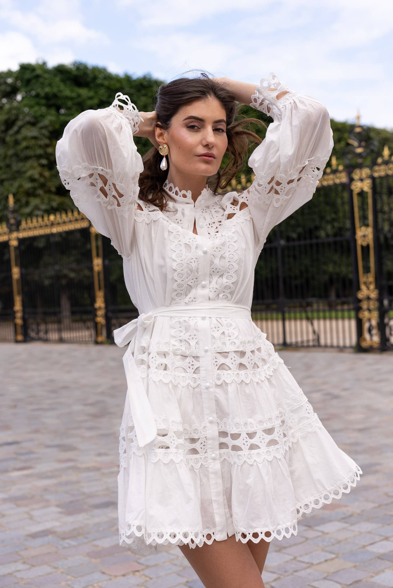 White cotton shirt dress with openwork lace bands White cotton shirt dress with openwork lace bands