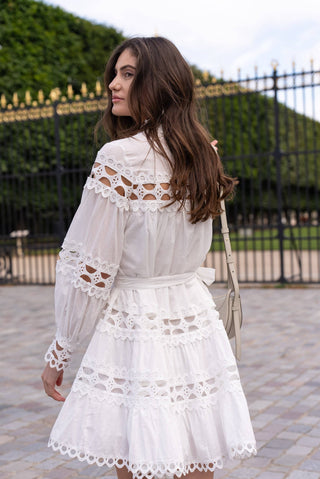 White cotton shirt dress with openwork lace bands