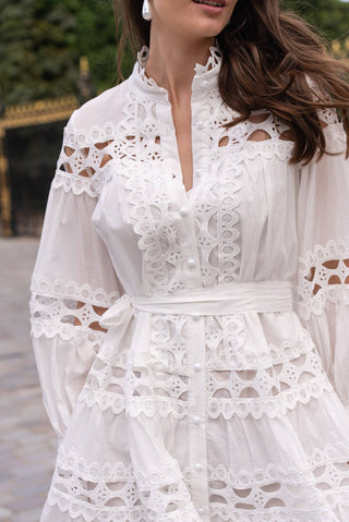 White cotton shirt dress with openwork lace bands